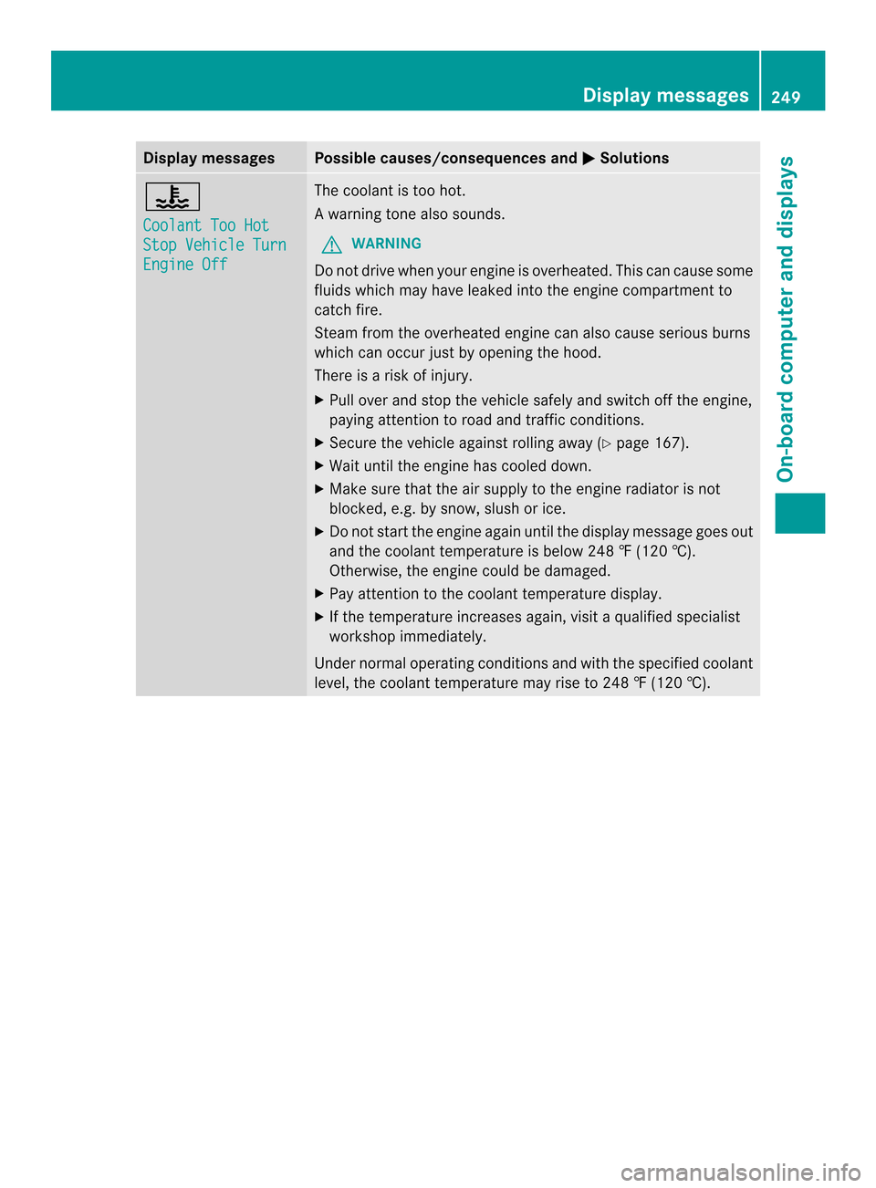 MERCEDES-BENZ CLS-Class 2014 W218 Owners Manual Display messages Possible causes/consequences and
000B Solutions
0017
Coolan
tToo Hot Sto
pV ehicl eTurn Engine Off The coolan
tistoo hot.
Aw arning tone also sounds.
G WARNING
Do no tdrive when youre