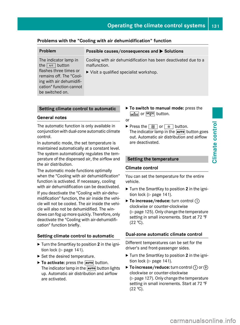 MERCEDES-BENZ CLA-Class 2014 C117 Owners Manual Problems with the "Cooling with air dehumidification" function
Problem
Possible causes/consequences and
0050
0050Solutions The indicator lamp in
the
005A button
flashes three times or
remains off. The