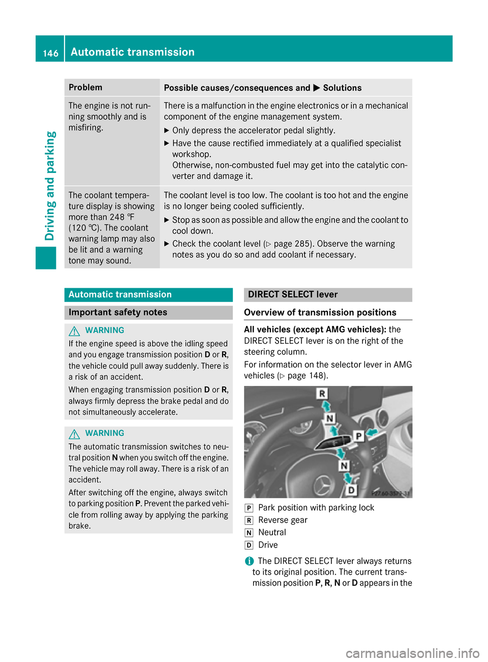 MERCEDES-BENZ CLA-Class 2014 C117 Owners Manual Problem
Possible causes/consequences and
0050
0050Solutions The engine is not run-
ning smoothly and is
misfiring. There is a malfunction in the engine electronics or in a mechanical
component of the MERCEDES-BENZ CLA-Class 2014 C117 Owners Manual Problem
Possible causes/consequences and
0050
0050Solutions The engine is not run-
ning smoothly and is
misfiring. There is a malfunction in the engine electronics or in a mechanical
component of the