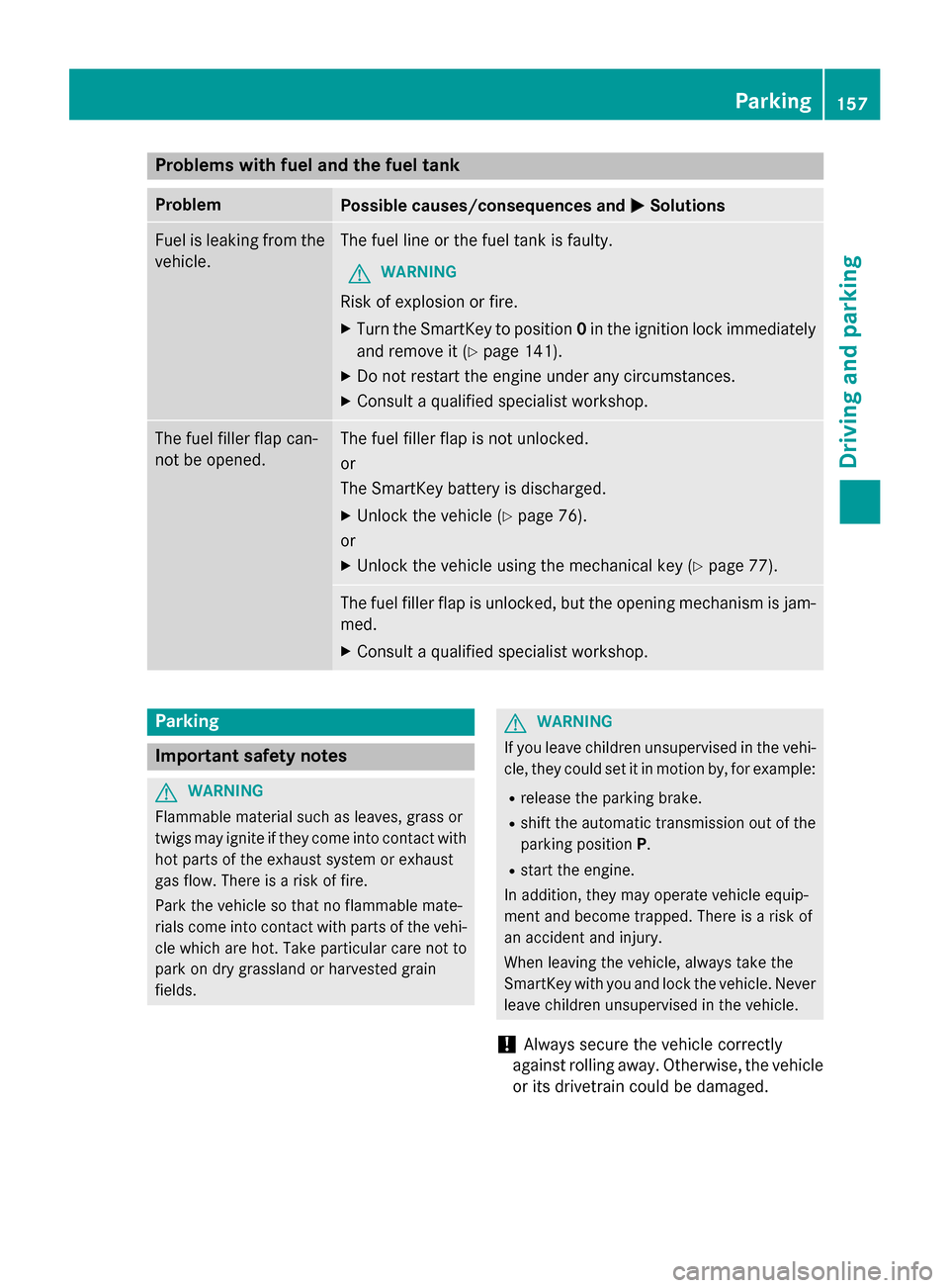 MERCEDES-BENZ CLA-Class 2014 C117 Owners Manual Problems with fuel and the fuel tank
Problem
Possible causes/consequences and
0050
0050Solutions Fuel is leaking from the
vehicle. The fuel line or the fuel tank is faulty.
G WARNING
Risk of explosion MERCEDES-BENZ CLA-Class 2014 C117 Owners Manual Problems with fuel and the fuel tank
Problem
Possible causes/consequences and
0050
0050Solutions Fuel is leaking from the
vehicle. The fuel line or the fuel tank is faulty.
G WARNING
Risk of explosion