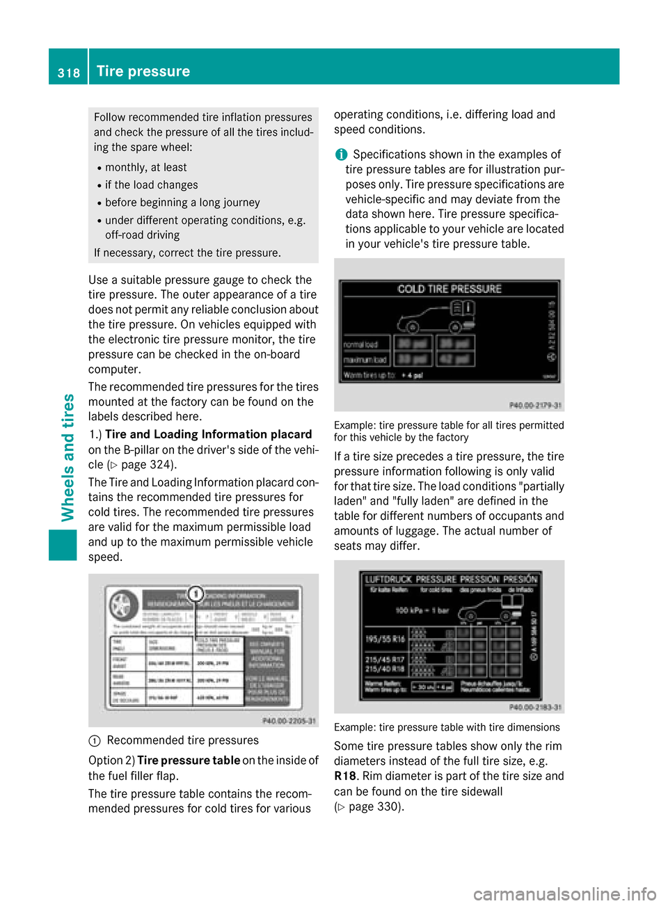 MERCEDES-BENZ CLA-Class 2014 C117 Owners Manual Follow recommended tire inflation pressures
and check the pressure of all the tires includ-
ing the spare wheel:
R monthly, at least
R if the load changes
R before beginning a long journey
R under dif MERCEDES-BENZ CLA-Class 2014 C117 Owners Manual Follow recommended tire inflation pressures
and check the pressure of all the tires includ-
ing the spare wheel:
R monthly, at least
R if the load changes
R before beginning a long journey
R under dif