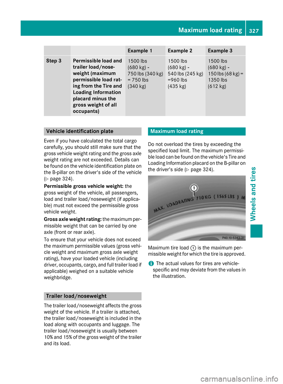 MERCEDES-BENZ CLA-Class 2014 C117 Owners Manual Example 1 Example 2 Example 3
Step 3 Permissible load and
trailer load/nose-
weight (maximum
permissible load rat-
ing from the Tire and Loading Information
placard minus the
gross weight of all
occup MERCEDES-BENZ CLA-Class 2014 C117 Owners Manual Example 1 Example 2 Example 3
Step 3 Permissible load and
trailer load/nose-
weight (maximum
permissible load rat-
ing from the Tire and Loading Information
placard minus the
gross weight of all
occup