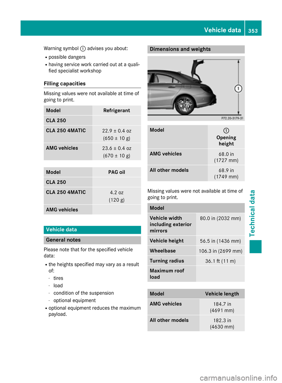 MERCEDES-BENZ CLA-Class 2014 C117 Owners Manual Warning symbol
0043advises you about:
R possible dangers
R having service work carried out at a quali-
fied specialist workshop
Filling capacities Missing values were not available at time of
going to