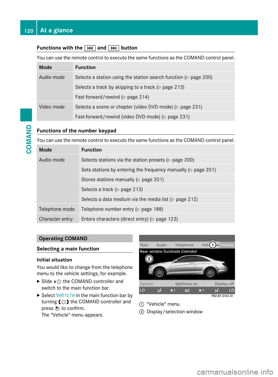MERCEDES-BENZ CL-Class 2014 C217 Service Manual Functions with the
E and
F button
You can use the remote control to execute the same functions as the COMAND control panel.
Mode Function
Audio mode Selects a station using th
estation search functio MERCEDES-BENZ CL-Class 2014 C217 Service Manual Functions with the
E and
F button
You can use the remote control to execute the same functions as the COMAND control panel.
Mode Function
Audio mode Selects a station using th
estation search functio