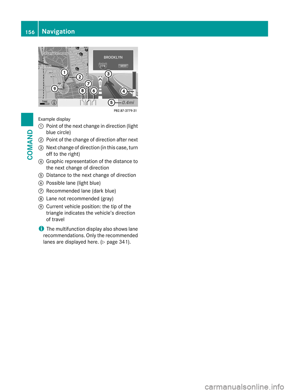 MERCEDES-BENZ CL-Class 2014 C217 Manual PDF Example display
:
Point of the next change in direction (light
blue circle)
; Point of the change of direction after next
= Next change of direction (i nthis case, turn
off to the right)
? Graphic rep
