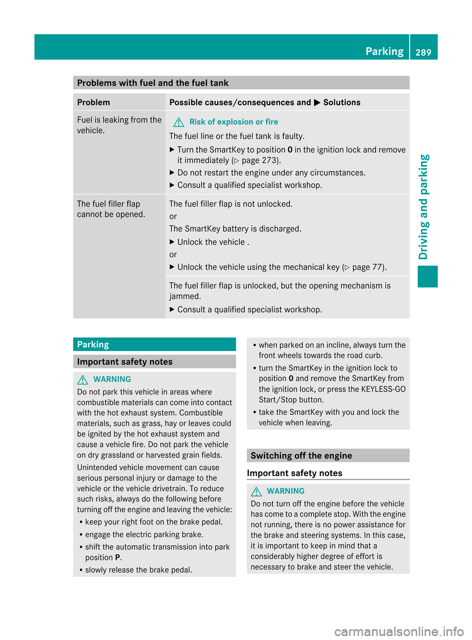MERCEDES-BENZ CL-Class 2014 C217 Repair Manual Problems with fuel and the fuel tank
Problem Possible causes/consequences and
M Solutions
Fuel is leaking from the
vehicle.
G
Risk of explosion or fire
The fuel line or the fuel tank is faulty.
X Turn MERCEDES-BENZ CL-Class 2014 C217 Repair Manual Problems with fuel and the fuel tank
Problem Possible causes/consequences and
M Solutions
Fuel is leaking from the
vehicle.
G
Risk of explosion or fire
The fuel line or the fuel tank is faulty.
X Turn
