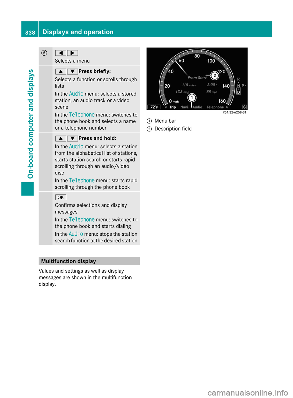 MERCEDES-BENZ CL-Class 2014 C217 Service Manual A
=;
Selects a menu
9:Press briefly:
Selects a function or scrolls through
lists
In the
Audio menu: selects a stored
station, an audio track or a video
scene
In the Telephone menu: switches to
the pho MERCEDES-BENZ CL-Class 2014 C217 Service Manual A
=;
Selects a menu
9:Press briefly:
Selects a function or scrolls through
lists
In the
Audio menu: selects a stored
station, an audio track or a video
scene
In the Telephone menu: switches to
the pho