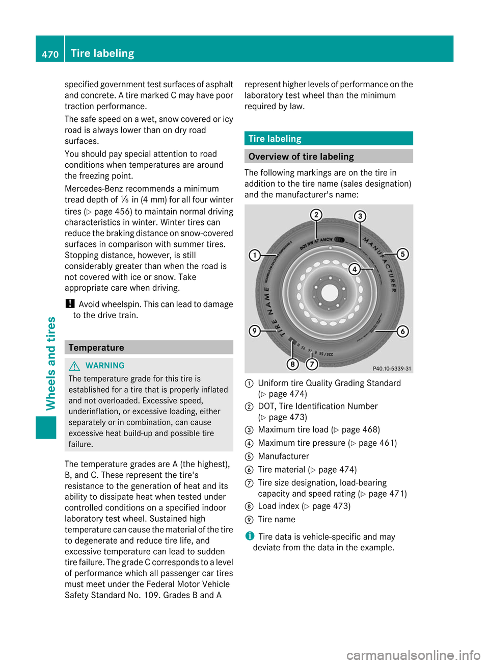 MERCEDES-BENZ CL-Class 2014 C217 Owners Manual specified government test surfaces of asphalt
and concrete.
Atire marked C may have poor
traction performance.
The safe speed on a wet, snow covered or icy
road is always lower than on dry road
surfac MERCEDES-BENZ CL-Class 2014 C217 Owners Manual specified government test surfaces of asphalt
and concrete.
Atire marked C may have poor
traction performance.
The safe speed on a wet, snow covered or icy
road is always lower than on dry road
surfac