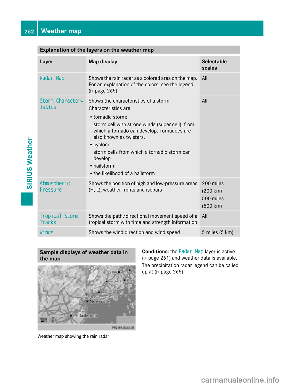 MERCEDES-BENZ GL-Class 2014 X166 Comand Manual Explanation of the layers on the weather map
Layer Map display Selectable
scales
Radar Map Radar Map Shows the rain radar as a colored area on the map.
For an explanation of the colors, see the legend