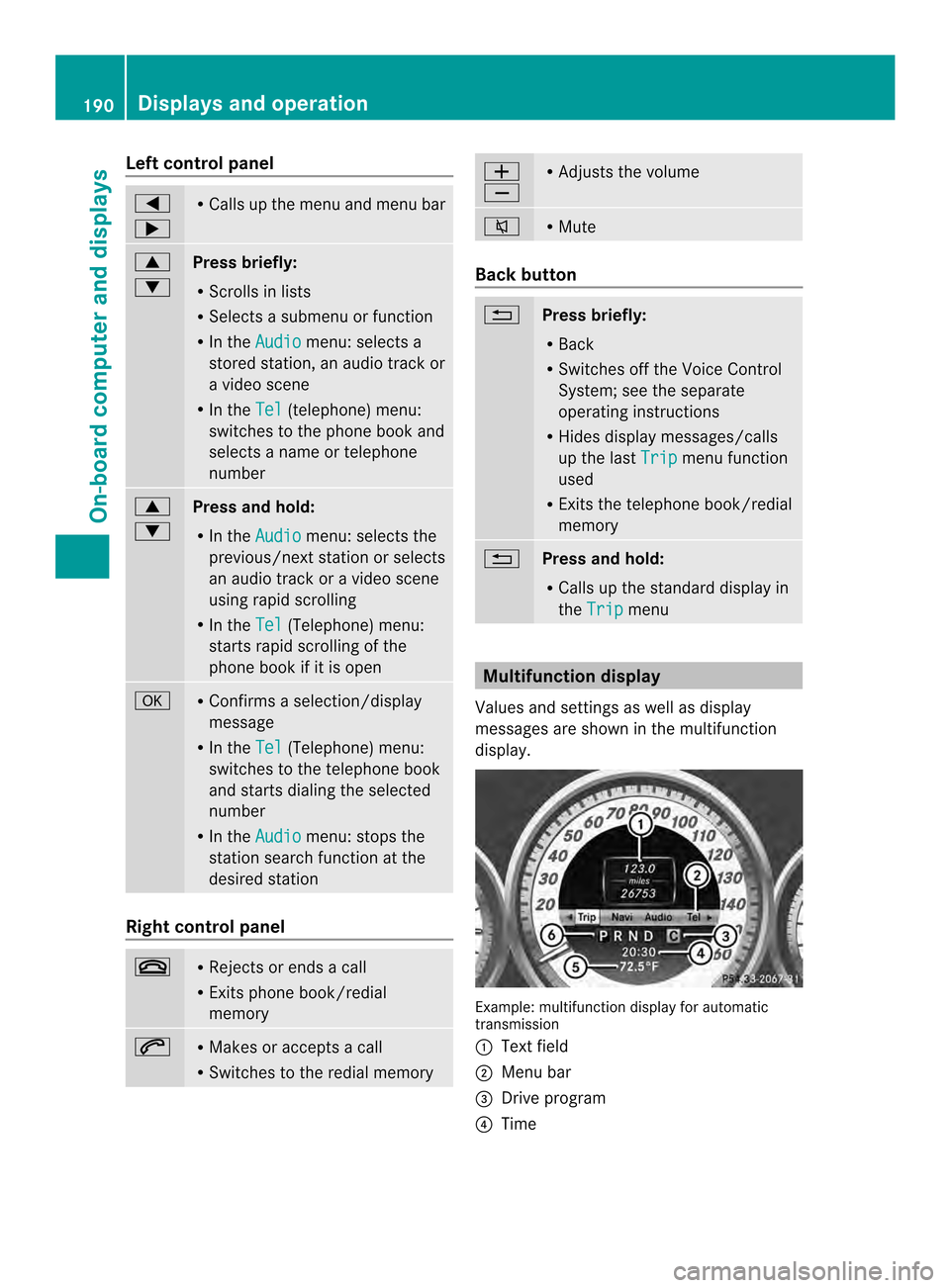 MERCEDES-BENZ C-Class COUPE 2014 CL204 Owners Manual Left control panel
0002
0005 R
Calls up the menu and menu bar 0003
0004
Press briefly:
R
Scrolls in lists
R Selects a submenu or function
R In the Audio menu: selects a
stored station, an audio track MERCEDES-BENZ C-Class COUPE 2014 CL204 Owners Manual Left control panel
0002
0005 R
Calls up the menu and menu bar 0003
0004
Press briefly:
R
Scrolls in lists
R Selects a submenu or function
R In the Audio menu: selects a
stored station, an audio track
