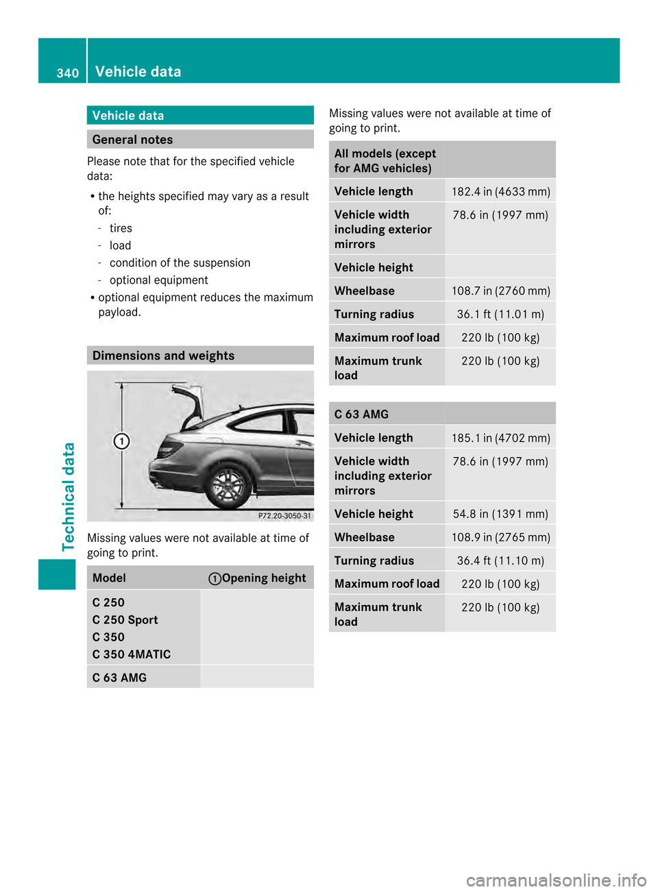 MERCEDES-BENZ C-Class COUPE 2014 CL204 Owners Manual Vehicle data
General notes
Please note tha tfor the specified vehicle
data:
R the heights specified may vary as a result
of:
-tires
- load
- condition of the suspension
- optional equipment
R optional MERCEDES-BENZ C-Class COUPE 2014 CL204 Owners Manual Vehicle data
General notes
Please note tha tfor the specified vehicle
data:
R the heights specified may vary as a result
of:
-tires
- load
- condition of the suspension
- optional equipment
R optional