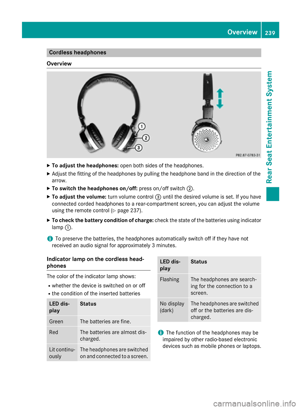 MERCEDES-BENZ B-Class 2014 W246 Comand Manual Cordless headphones
Overview X
To adjust the headphones: open both sides of the headphones.
X Adjust the fitting of the headphones by pulling the headphone band in the direction of the
arrow.
X To swi