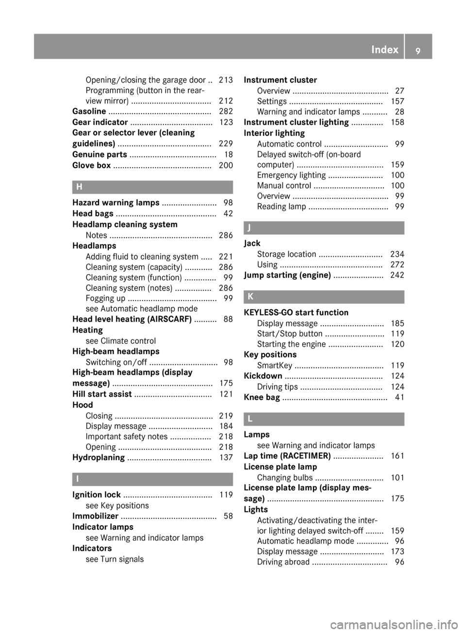 MERCEDES-BENZ SLS AMG GT ROADSTER 2015 C197 User Guide Opening/closing the garage door .. 213
Programming (button in the rear-
view mirror) ................................... 212
Gasoline ............................................. 282
Gear indicator .