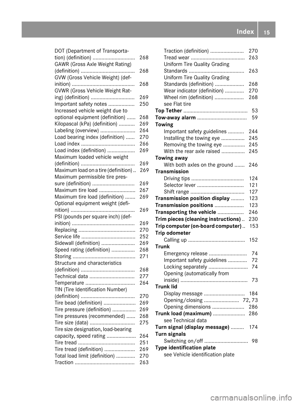 MERCEDES-BENZ SLS AMG GT ROADSTER 2015 C197 User Guide DOT (Department of Transporta-
tion) (definition) ............................. 268
GAW
R(GrossA xle Weight Rating)
(definition) .................................... .268
GVW (Gross Vehicle Weight) (d