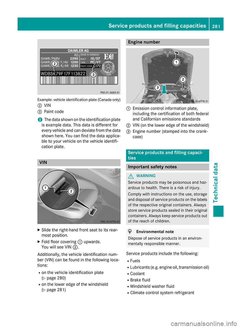 MERCEDES-BENZ SLS AMG GT COUPE 2015 C197 Owners Manual Example: vehicl
eide ntification plate (Canada only)
0044 VIN
0087 Paint code
i The data shown on the identificatio
nplate
is exampl edata. Thi sdataisd ifferent for
every vehicl eand can deviate from