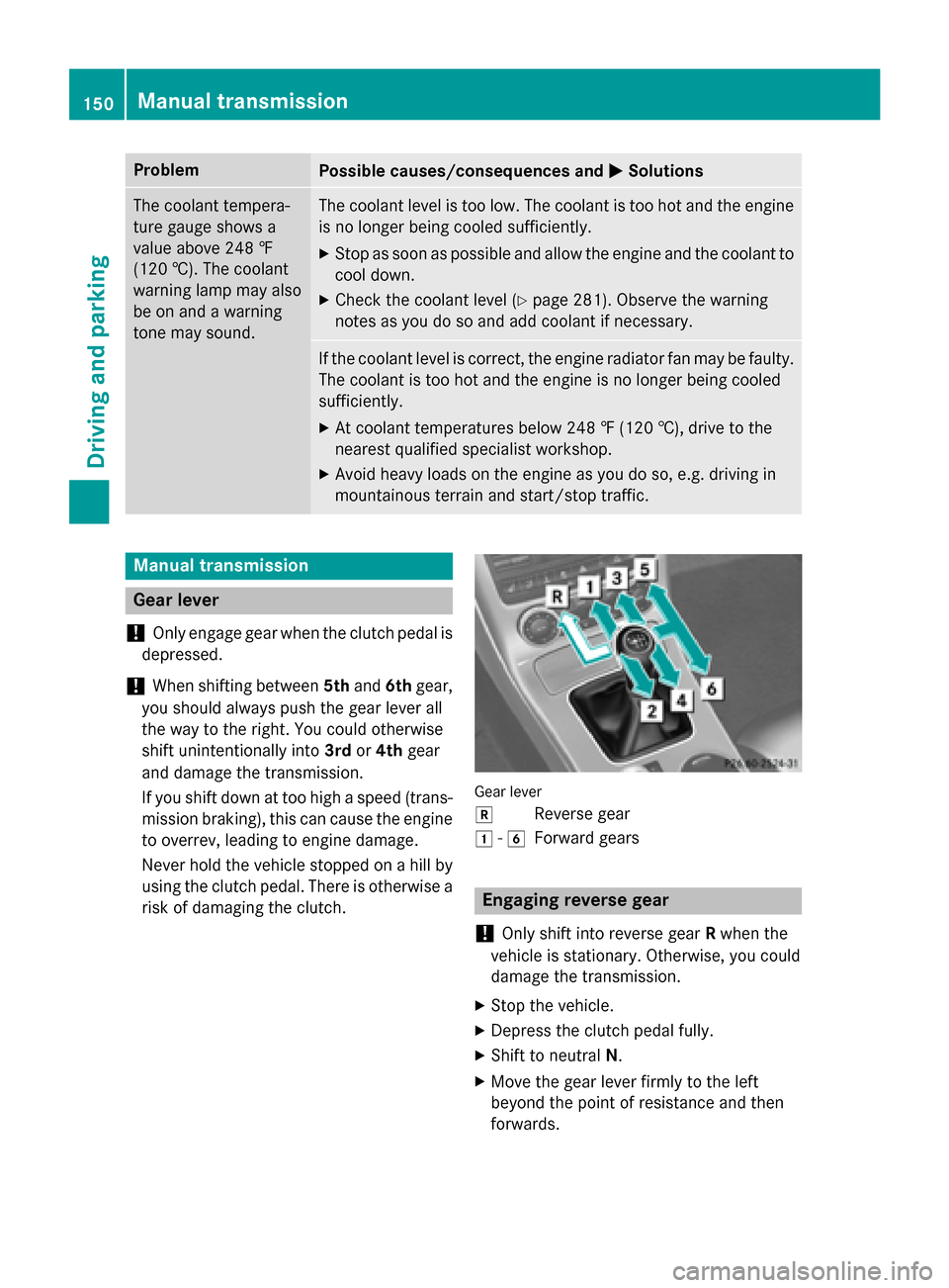MERCEDES-BENZ SLK-Class 2015 R172 Owners Manual Problem
Possible causes/consequences and
0050
0050Solutions The coolant tempera-
ture gauge shows a
value above 248 ‡
(120 †). The coolant
warning lamp may also
be on and a warning
tone may sound. MERCEDES-BENZ SLK-Class 2015 R172 Owners Manual Problem
Possible causes/consequences and
0050
0050Solutions The coolant tempera-
ture gauge shows a
value above 248 ‡
(120 †). The coolant
warning lamp may also
be on and a warning
tone may sound.