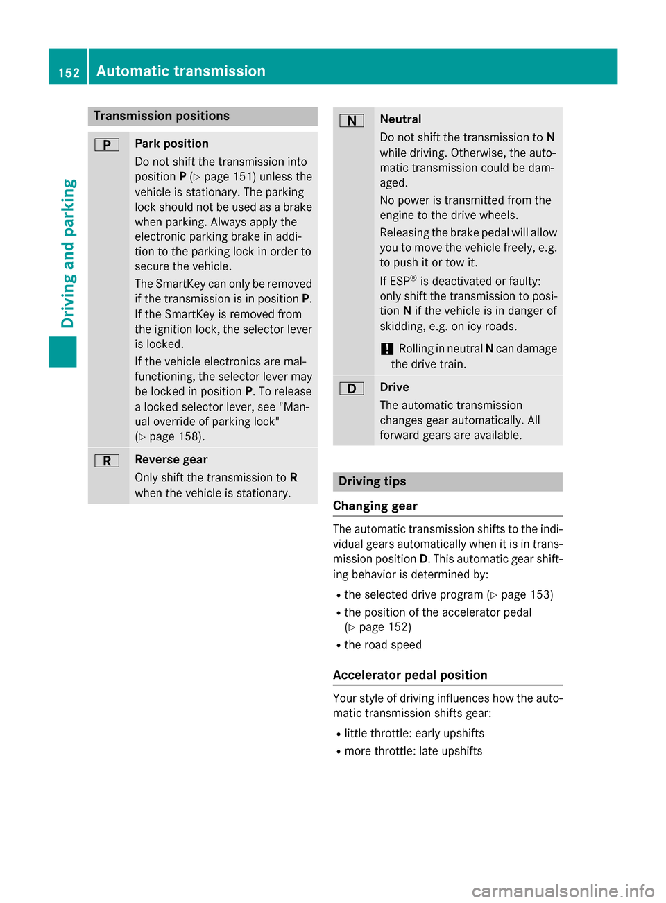 MERCEDES-BENZ SLK-Class 2015 R172 Owners Manual Transmission positions
0045 Park position
Do not shift the transmission into
position P(Y page 151) unless the
vehicle is stationary. The parking
lock should not be used as a brake when parking. Alway