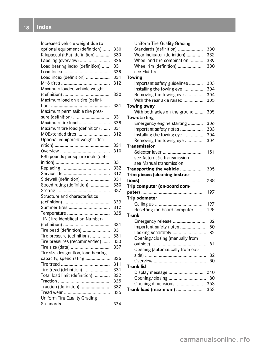 MERCEDES-BENZ SLK-Class 2015 R172 Owners Manual Increased vehicle weight due to
optional equipment (definition) ...... 330
Kilopascal (kPa) (definition) ........... 330
Labeling (overview) ........................ 326
Load bearing index (definition