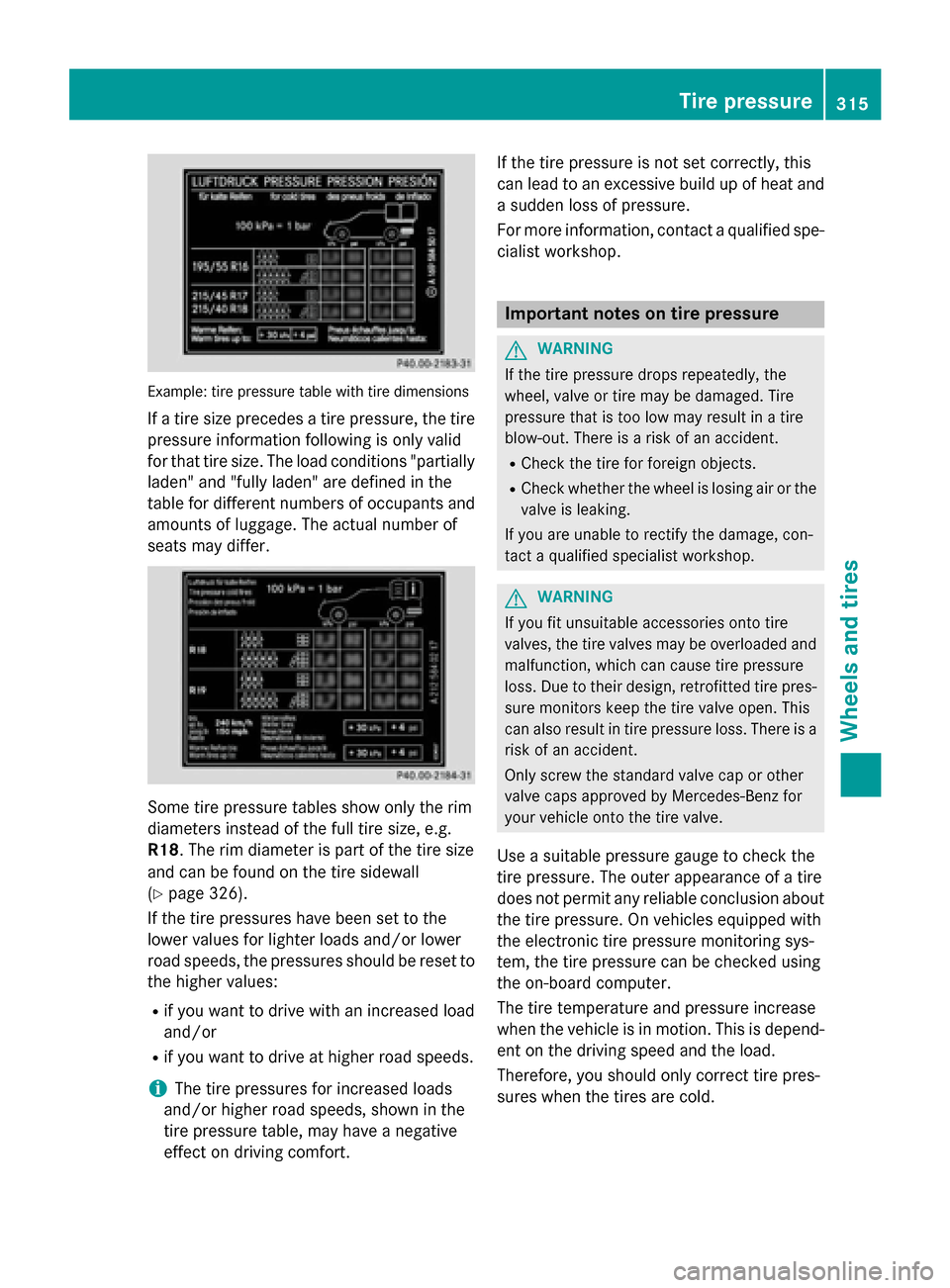 MERCEDES-BENZ SLK-Class 2015 R172 Owners Manual Example: tire pressure table with tire dimensions
If a tire size precedes a tire pressure, the tirepressure information following is only valid
for that tire size. The load conditions "partially
laden