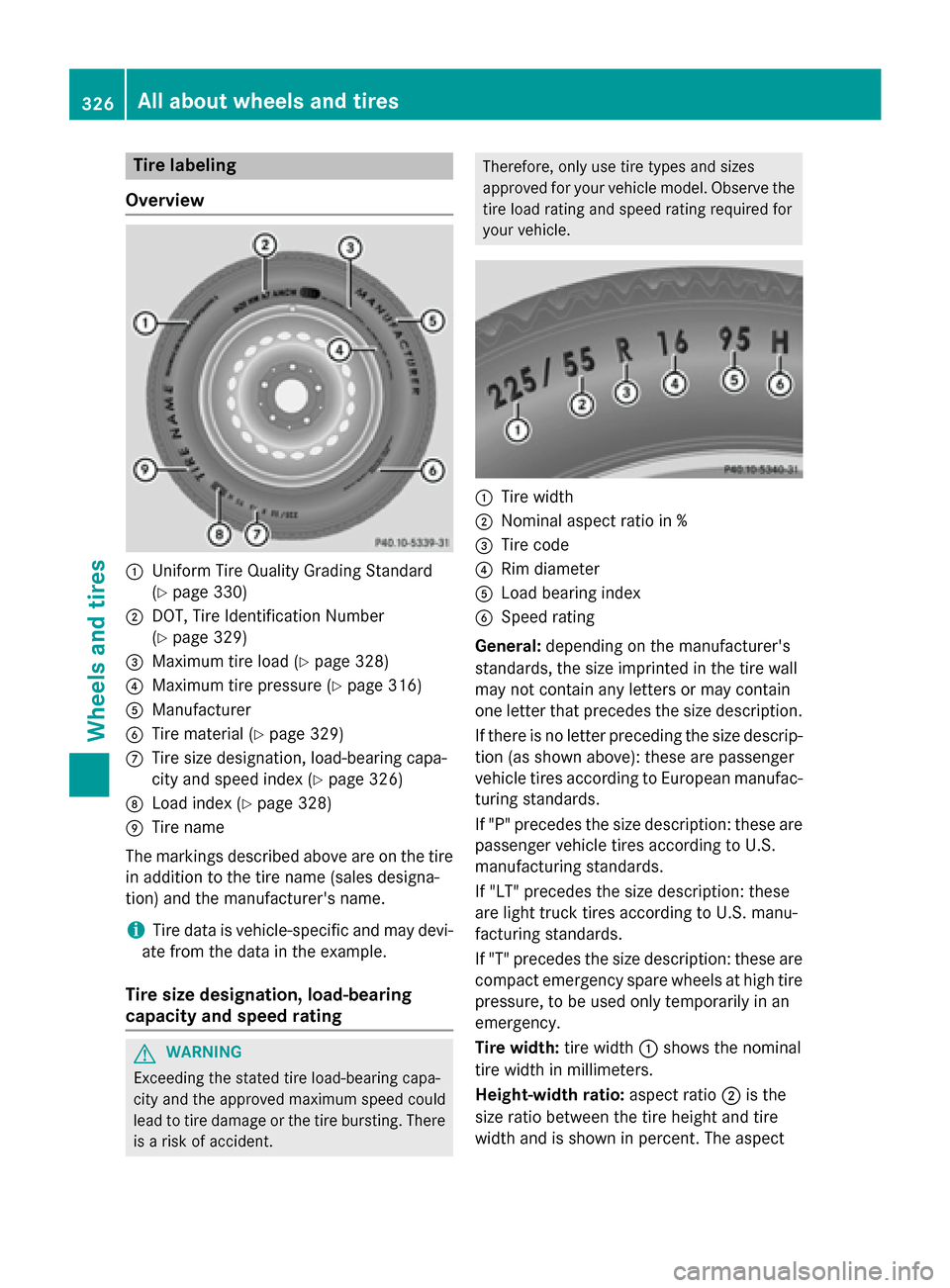 MERCEDES-BENZ SLK-Class 2015 R172 Owners Manual Tire labeling
Overview 0043
Uniform Tire Quality Grading Standard
(Ypage 330)
0044 DOT, Tire Identification Number
(Ypage 329)
0087 Maximum tire load (Y page 328)
0085 Maximum tire pressure (Y page 31 MERCEDES-BENZ SLK-Class 2015 R172 Owners Manual Tire labeling
Overview 0043
Uniform Tire Quality Grading Standard
(Ypage 330)
0044 DOT, Tire Identification Number
(Ypage 329)
0087 Maximum tire load (Y page 328)
0085 Maximum tire pressure (Y page 31
