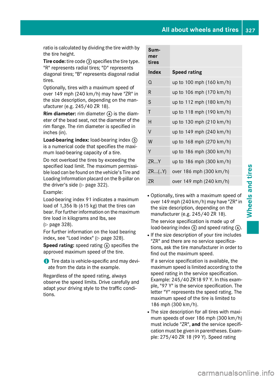 MERCEDES-BENZ SLK-Class 2015 R172 Owners Manual ratio is calculated by dividing the tire width by
the tire height.
Tire code: tire code0087specifies the tire type.
"R" represents radial tires; "D" represents
diagonal tires; "B" represents diagonal MERCEDES-BENZ SLK-Class 2015 R172 Owners Manual ratio is calculated by dividing the tire width by
the tire height.
Tire code: tire code0087specifies the tire type.
"R" represents radial tires; "D" represents
diagonal tires; "B" represents diagonal