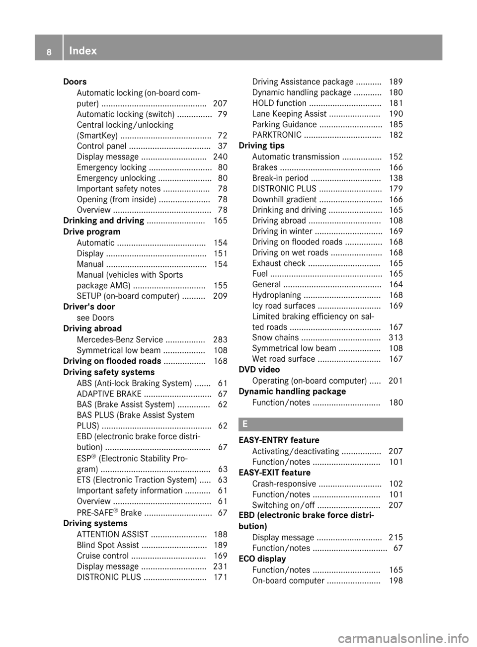 MERCEDES-BENZ SLK-Class 2015 R172 Owners Manual Doors
Automatic locking (on-board com-
puter) ............................................ .207
Automatic locking (switch) .............. .79
Central locking/unlocking
(SmartKey) .....................