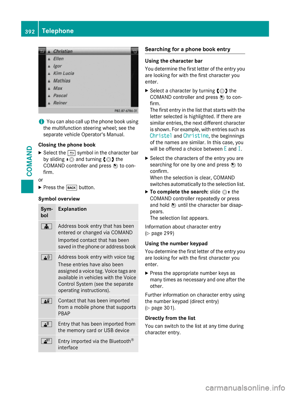 MERCEDES-BENZ SL-Class 2015 R131 Owners Guide i
You can also call up the phone book using
the multifunction steering wheel; see the
separate vehicle Operators Manual.
Closing the phone book X Select the 0039symbol in the character bar
by sliding