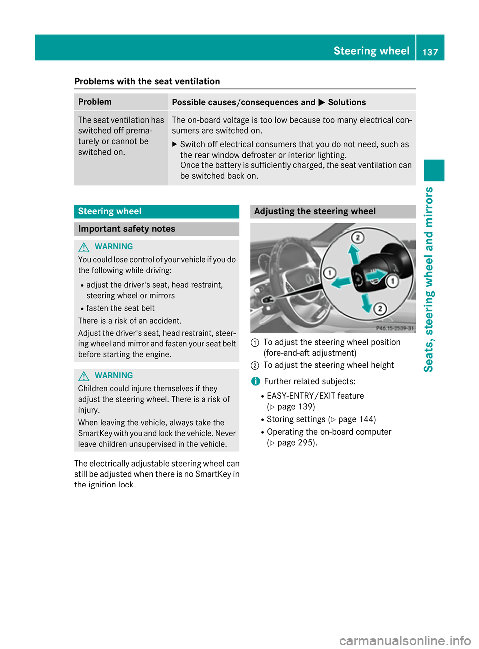 MERCEDES-BENZ S-Class 2015 W222 Owners Manual Problems with the seat ventilation
Problem
Possible causes/consequences and
M
MSolutions The seat ventilation has
switched off prema-
turely or cannot be
switched on. The on-board voltage is too low b MERCEDES-BENZ S-Class 2015 W222 Owners Manual Problems with the seat ventilation
Problem
Possible causes/consequences and
M
MSolutions The seat ventilation has
switched off prema-
turely or cannot be
switched on. The on-board voltage is too low b