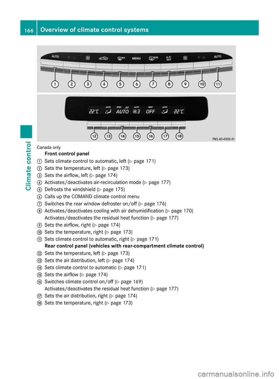 MERCEDES-BENZ S-Class 2015 W222 Owners Manual Canada only
Front control panel
: Sets climate control to automatic, left (Y page 171)
; Sets the temperature, left (Y page 173)
= Sets the airflow, left (Y page 174)
? Activates/deactivates air-recir