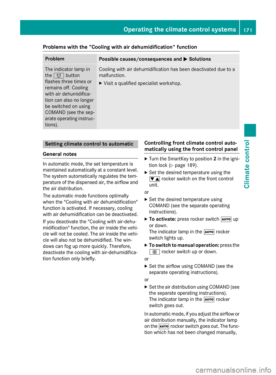 MERCEDES-BENZ S-Class 2015 W222 Owners Manual Problems with the "Cooling with air dehumidification" function
Problem
Possible causes/consequences and
M
MSolutions The indicator lamp in
the
Á button
flashes three times or
remains off. Cooling
wit