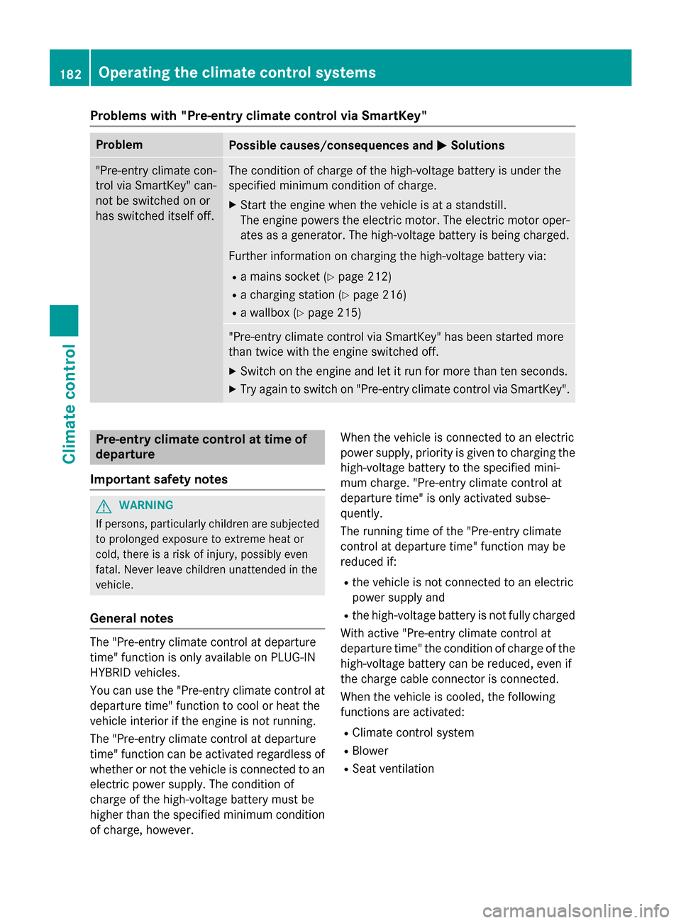 MERCEDES-BENZ S-Class 2015 W222 Owners Manual Problems with "Pre-entry climate control via SmartKey"
Problem
Possible causes/consequences and
M
MSolutions "Pre-entry climate con-
trol via SmartKey" can-
not be switched on or
has switched itself o MERCEDES-BENZ S-Class 2015 W222 Owners Manual Problems with "Pre-entry climate control via SmartKey"
Problem
Possible causes/consequences and
M
MSolutions "Pre-entry climate con-
trol via SmartKey" can-
not be switched on or
has switched itself o