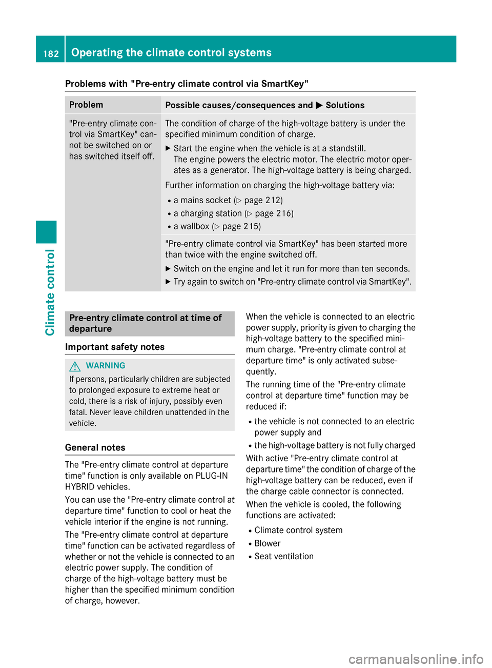 MERCEDES-BENZ S-Class 2015 W222 Service Manual Problems with "Pre-entry climate control via SmartKey"
Problem
Possible causes/consequences and
M
MSolutions "Pre-entry climate con-
trol via SmartKey" can-
not be switched on or
has switched itself o