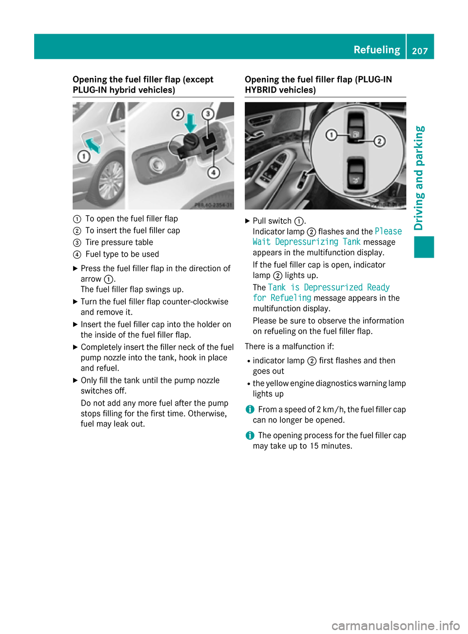 MERCEDES-BENZ S-Class 2015 W222 Owners Manual Opening the fuel filler flap (except
PLUG-IN hybrid vehicles)
:
To open the fuel filler flap
; To insert the fuel filler cap
= Tire pressure table
? Fuel type to be used
X Press the fuel filler flap i