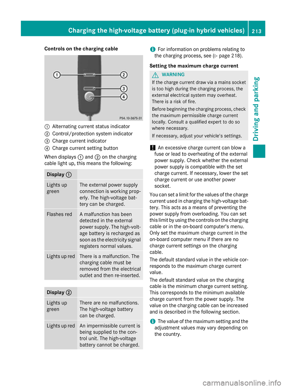 MERCEDES-BENZ S-Class 2015 W222 Owners Guide Controls on the charging cable
:
Alternating current status indicator
; Control/protection system indicator
= Charge current indicator
? Charge current setting button
When displays :and ;on the chargi