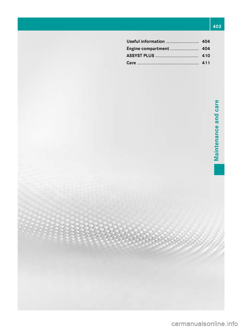 MERCEDES-BENZ S-Class 2015 W222 Owners Manual Useful information
............................404
Engine compartment ........................404
ASSYST PLUS .................................... 410
Care ............................................ MERCEDES-BENZ S-Class 2015 W222 Owners Manual Useful information
............................404
Engine compartment ........................404
ASSYST PLUS .................................... 410
Care ............................................