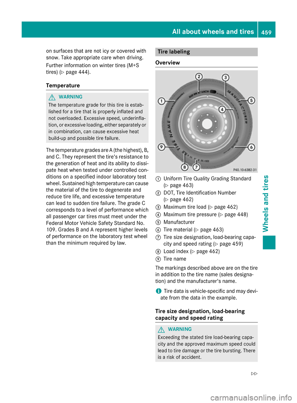 MERCEDES-BENZ S-Class 2015 W222 Owners Manual on surfaces that are not icy or covered with
snow. Take appropriate care when driving.
Further information on winter tires (M+S
tires) (Y page 444).
Temperature G
WARNING
The temperature grade for thi