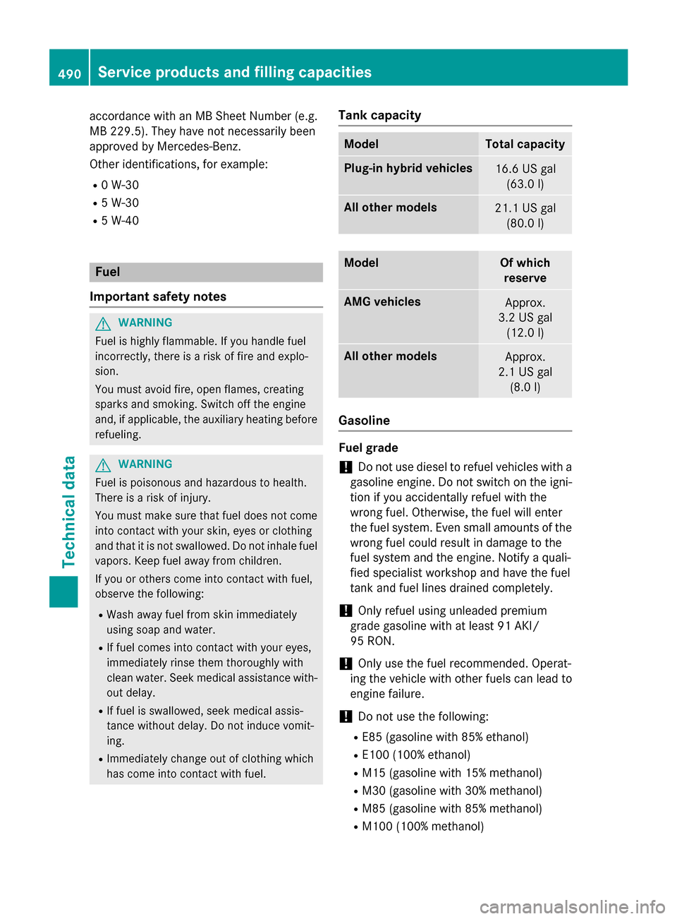 MERCEDES-BENZ S-Class 2015 W222 Owners Manual accordance with an MB Sheet Number (e.g.
MB 229.5). They have not necessarily been
approved by Mercedes-Benz.
Other identifications, for example:
R 0 W-30
R 5 W-30
R 5 W-40 Fuel
Important safety notes