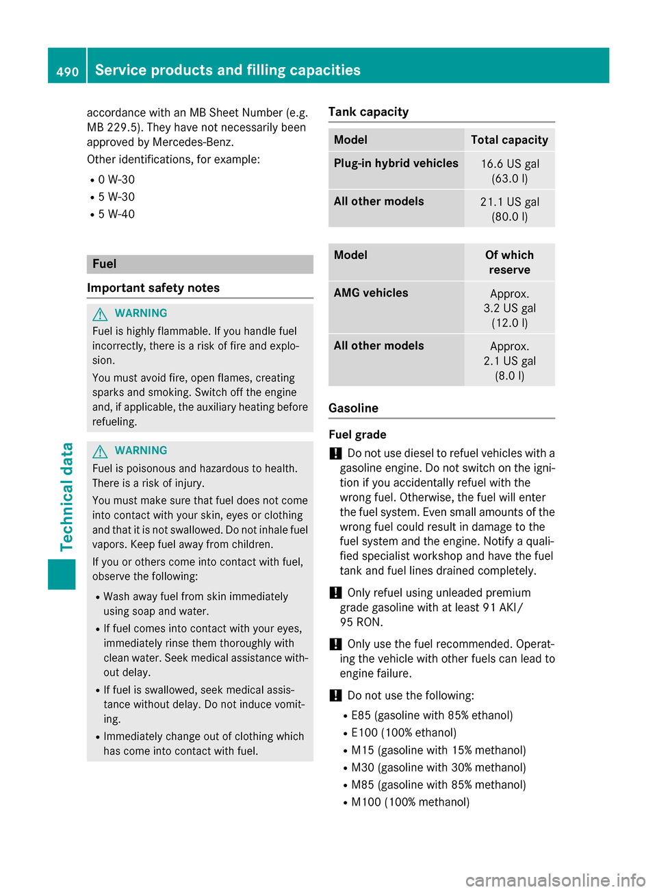 MERCEDES-BENZ S-Class 2015 W222 Owners Manual accordance with an MB Sheet Number (e.g.
MB 229.5). They have not necessarily been
approved by Mercedes-Benz.
Other identifications, for example:
R 0 W-30
R 5 W-30
R 5 W-40 Fuel
Important safety notes