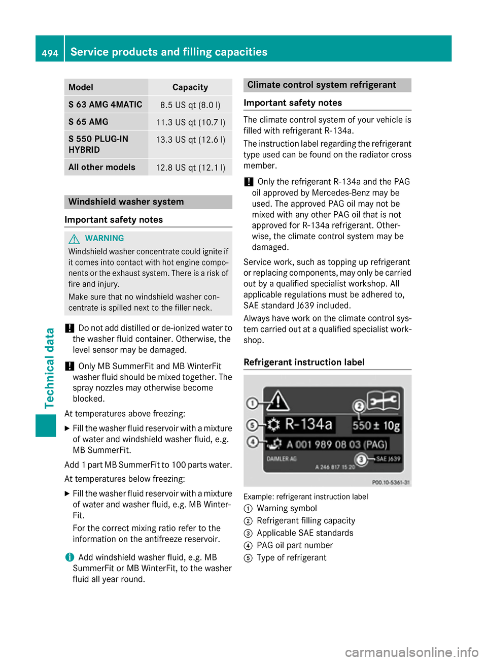 MERCEDES-BENZ S-Class 2015 W222 Owners Manual Model Capacity
S 63 AMG 4MATIC
8.5 US qt (8.0
l) S 65 AMG
11.3 US qt (10.7
l) S 550 PLUG-IN
HYBRID
13.3 US qt (12.6
l) All ot
her models 12.8 US qt (12.1
l) Windshield washer system
Important safety n