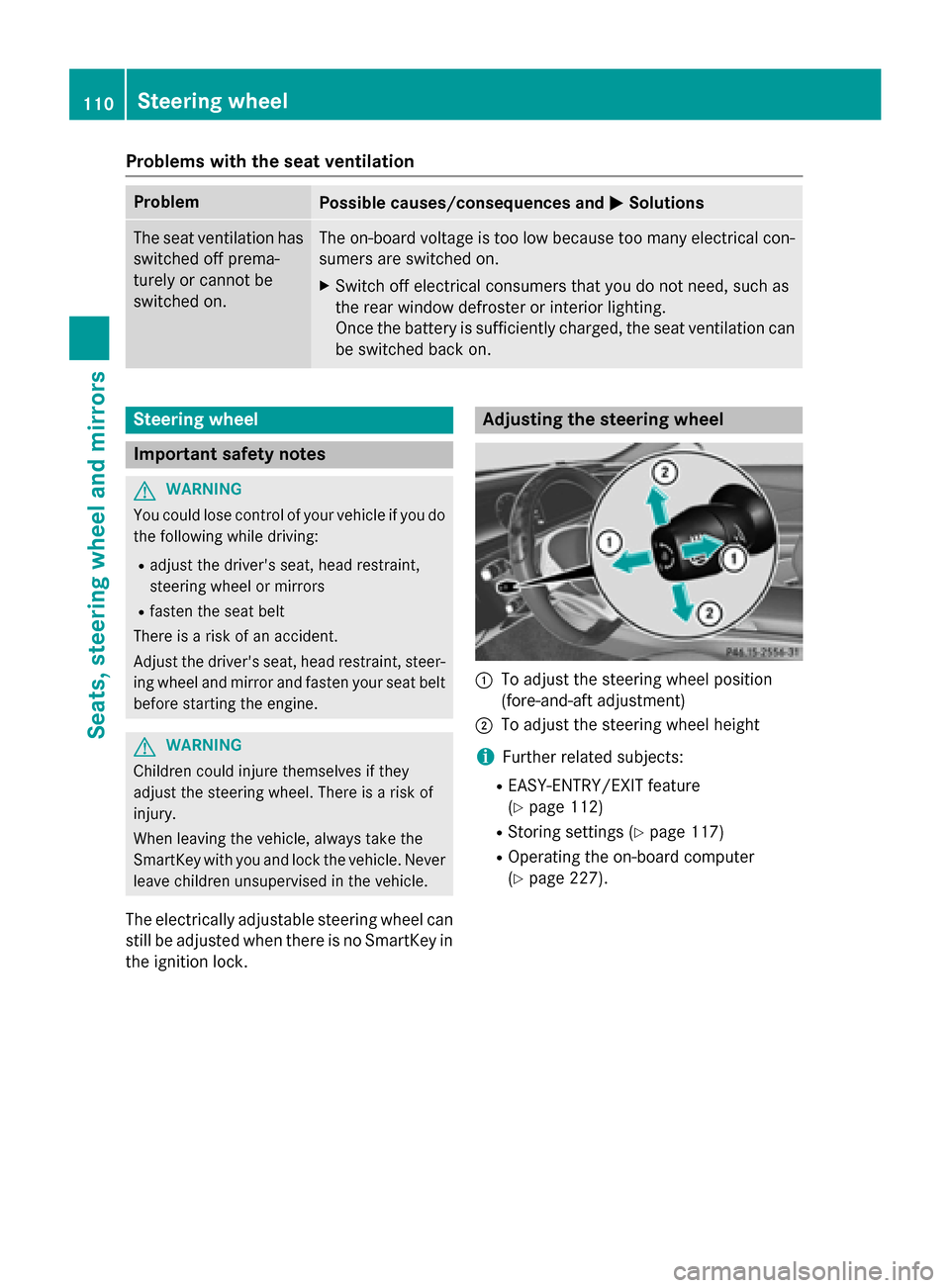 MERCEDES-BENZ S-Class COUPE 2015 C217 Owners Manual Problems with the seat ventilation
Problem
Possible causes/consequences and
0050
0050Solutions The seat ventilation has
switched off prema-
turely or cannot be
switched on. The on-board voltage is too MERCEDES-BENZ S-Class COUPE 2015 C217 Owners Manual Problems with the seat ventilation
Problem
Possible causes/consequences and
0050
0050Solutions The seat ventilation has
switched off prema-
turely or cannot be
switched on. The on-board voltage is too
