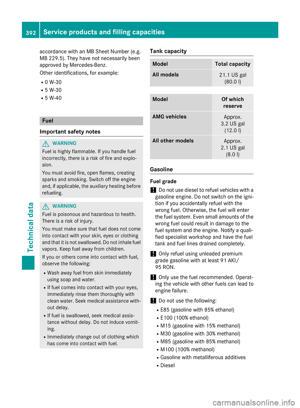 MERCEDES-BENZ S-Class COUPE 2015 C217 Owners Manual accordance with an MB Sheet Number (e.g.
MB 229.5). They have not necessarily been
approved by Mercedes-Benz.
Other identifications, for example:
R 0 W-30
R 5 W-30
R 5 W-40 Fuel
Important safety notes MERCEDES-BENZ S-Class COUPE 2015 C217 Owners Manual accordance with an MB Sheet Number (e.g.
MB 229.5). They have not necessarily been
approved by Mercedes-Benz.
Other identifications, for example:
R 0 W-30
R 5 W-30
R 5 W-40 Fuel
Important safety notes