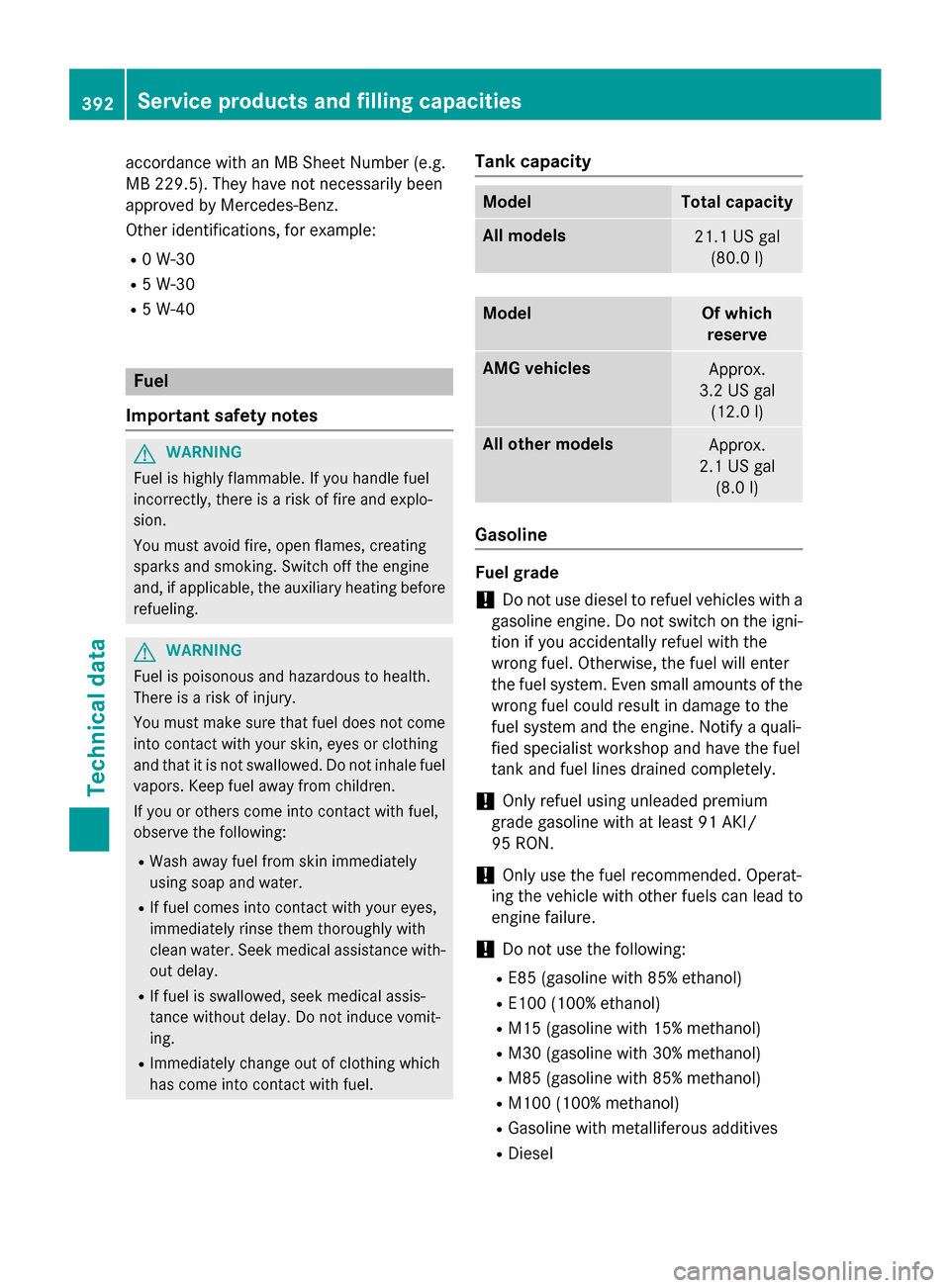 MERCEDES-BENZ S-Class COUPE 2015 C217 Owners Manual accordance with an MB Sheet Number (e.g.
MB 229.5). They have not necessarily been
approved by Mercedes-Benz.
Other identifications, for example:
R 0 W-30
R 5 W-30
R 5 W-40 Fuel
Important safety notes