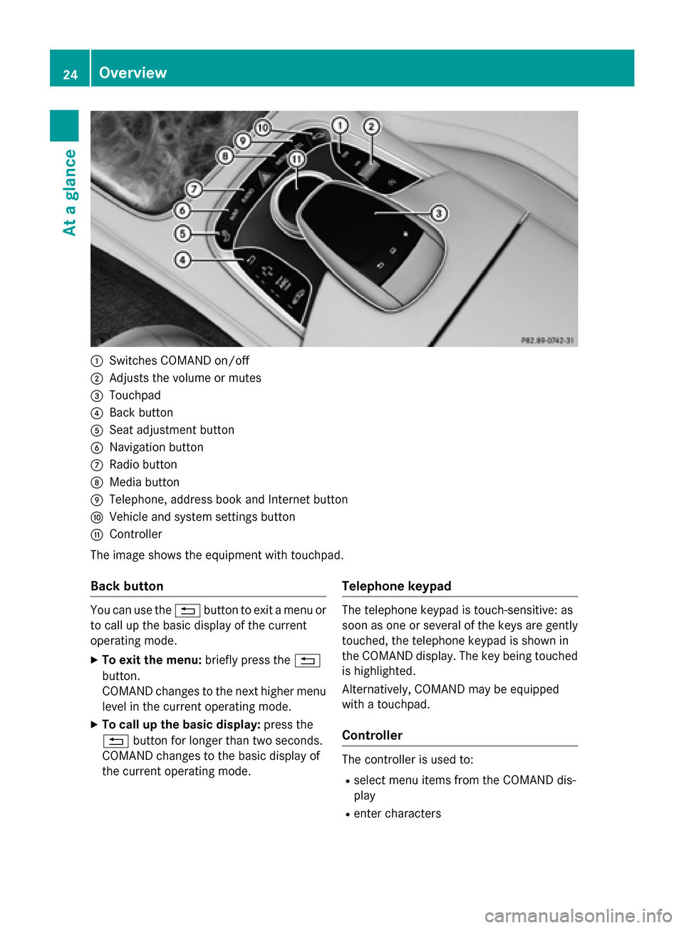 MERCEDES-BENZ S-Class 2015 W222 Comand Manual 0043
Switches COMAND on/off
0044 Adjusts the volume or mutes
0087 Touchpad
0085 Back button
0083 Seat adjustment button
0084 Navigation button
006B Radio button
006C Media button
006D Telephone, addre