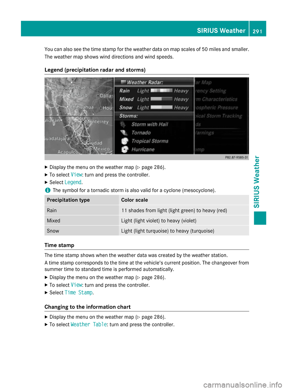 MERCEDES-BENZ S-Class 2015 W222 Comand Manual You can also see the time stamp for the weather data on map scales of 50 miles and smaller.
The weather map shows wind directions and wind speeds.
Legend (precipitation radar and storms) X
Display the