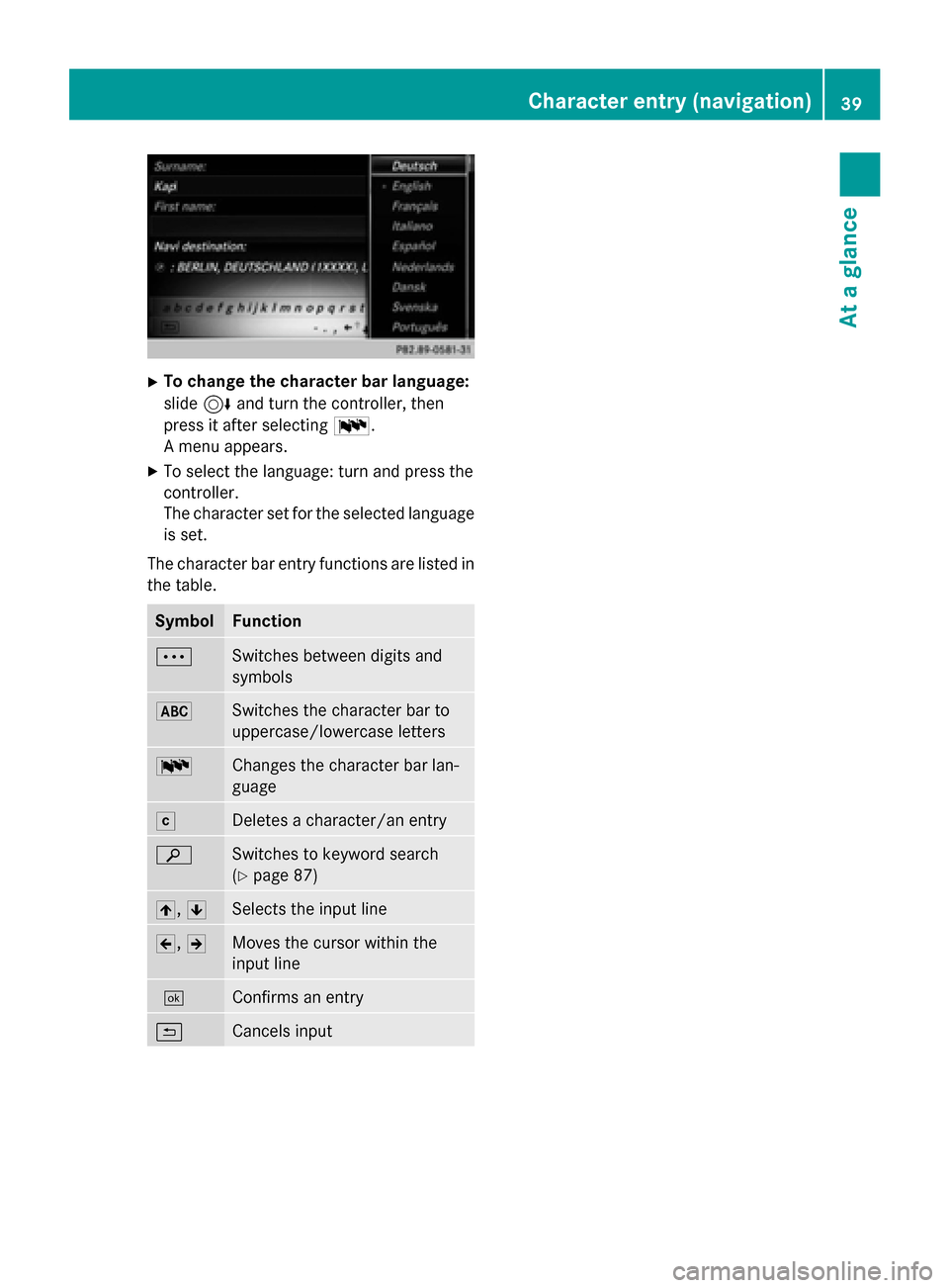 MERCEDES-BENZ S-Class 2015 W222 Comand Manual X
To change the character bar language:
slide 6and turn the controller, then
press it after selecting 0054.
A menu appears.
X To select the language: turn and press the
controller.
The character set f MERCEDES-BENZ S-Class 2015 W222 Comand Manual X
To change the character bar language:
slide 6and turn the controller, then
press it after selecting 0054.
A menu appears.
X To select the language: turn and press the
controller.
The character set f