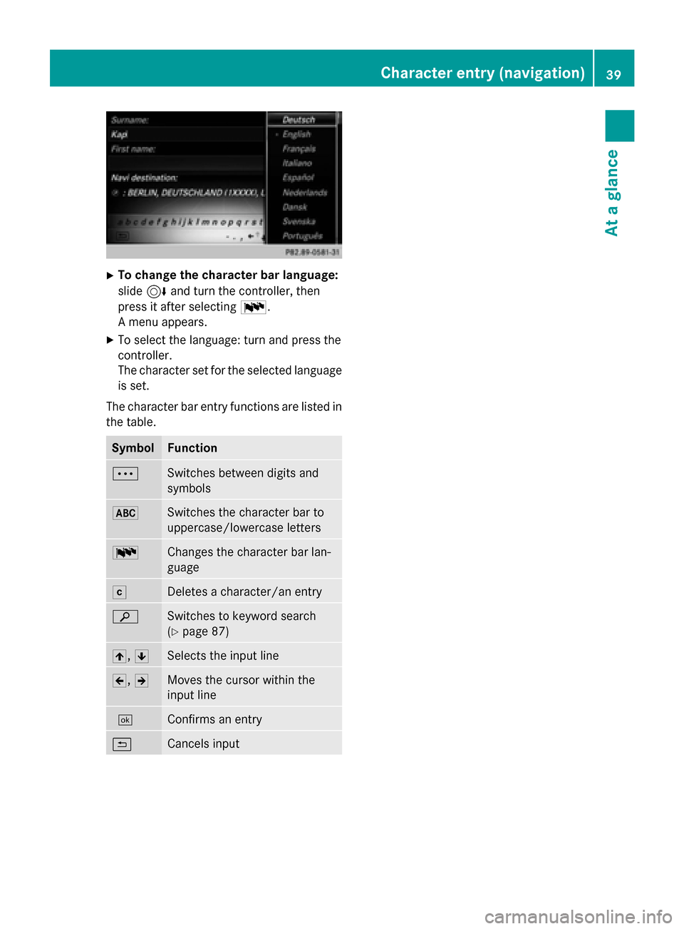 MERCEDES-BENZ S-Class 2015 W222 Comand Manual X
To change the character bar language:
slide 6and turn the controller, then
press it after selecting 0054.
A menu appears.
X To select the language: turn and press the
controller.
The character set f