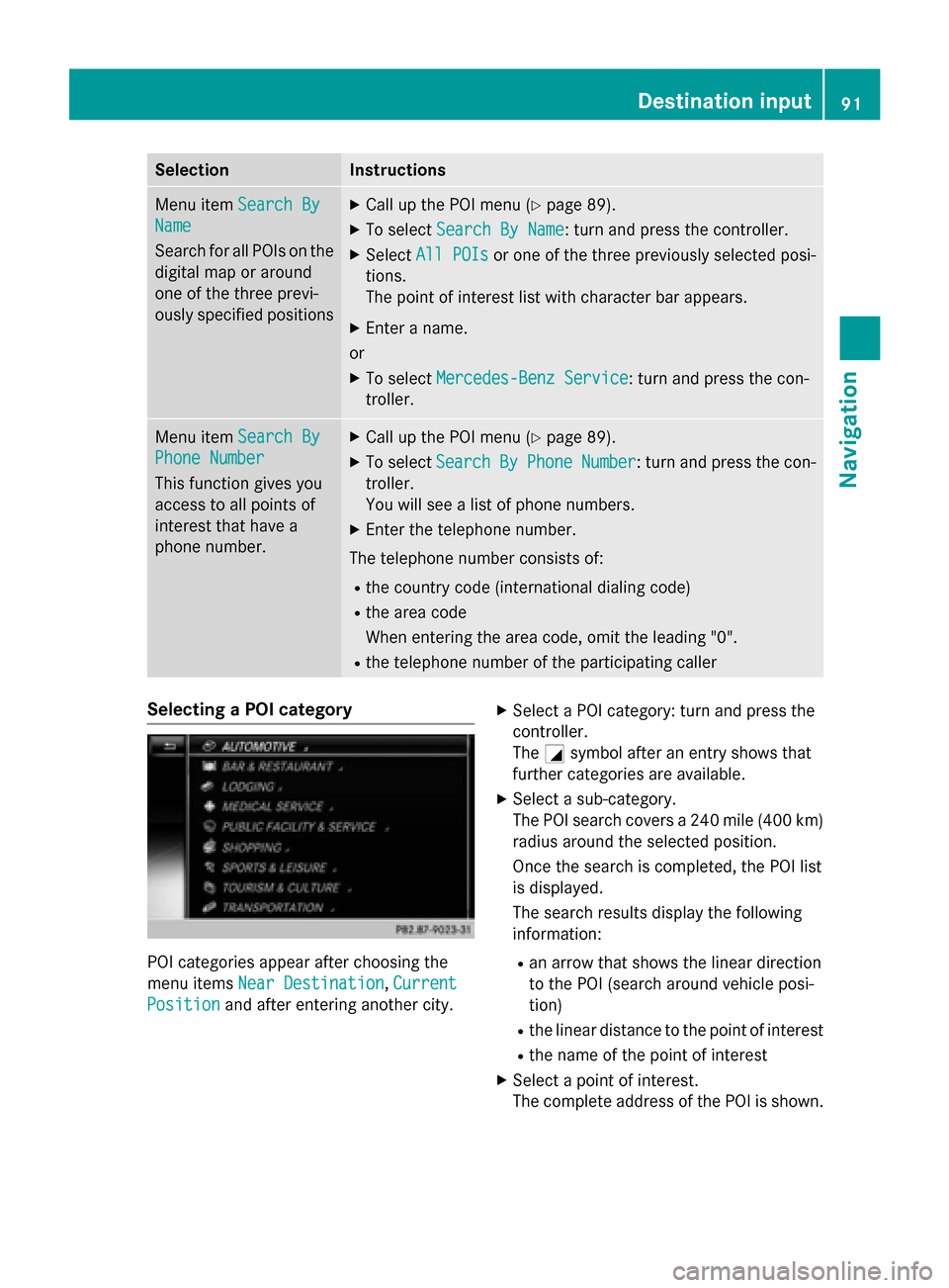 MERCEDES-BENZ S-Class 2015 W222 Comand Manual Selection Instructions
Menu item
Search By
Search By
Name
Name
Search for all POIs on the
digital map or around
one of the three previ-
ously specified positions X
Call up the POI menu (Y page 89).
X 