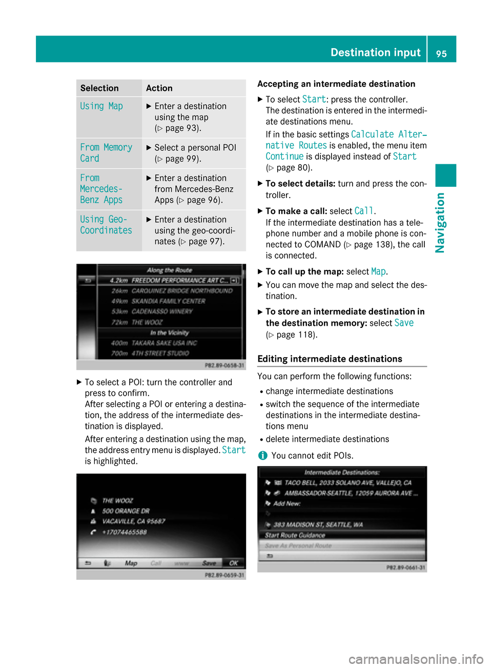 MERCEDES-BENZ S-Class 2015 W222 Comand Manual Selection Action
Using Map
Using Map X
Enter a destination
using the map
(Y page 93). From Memory From Memory
Card Card X
Select a personal POI
(Y page 99). From From
Mercedes- Mercedes-
Benz Apps Ben MERCEDES-BENZ S-Class 2015 W222 Comand Manual Selection Action
Using Map
Using Map X
Enter a destination
using the map
(Y page 93). From Memory From Memory
Card Card X
Select a personal POI
(Y page 99). From From
Mercedes- Mercedes-
Benz Apps Ben