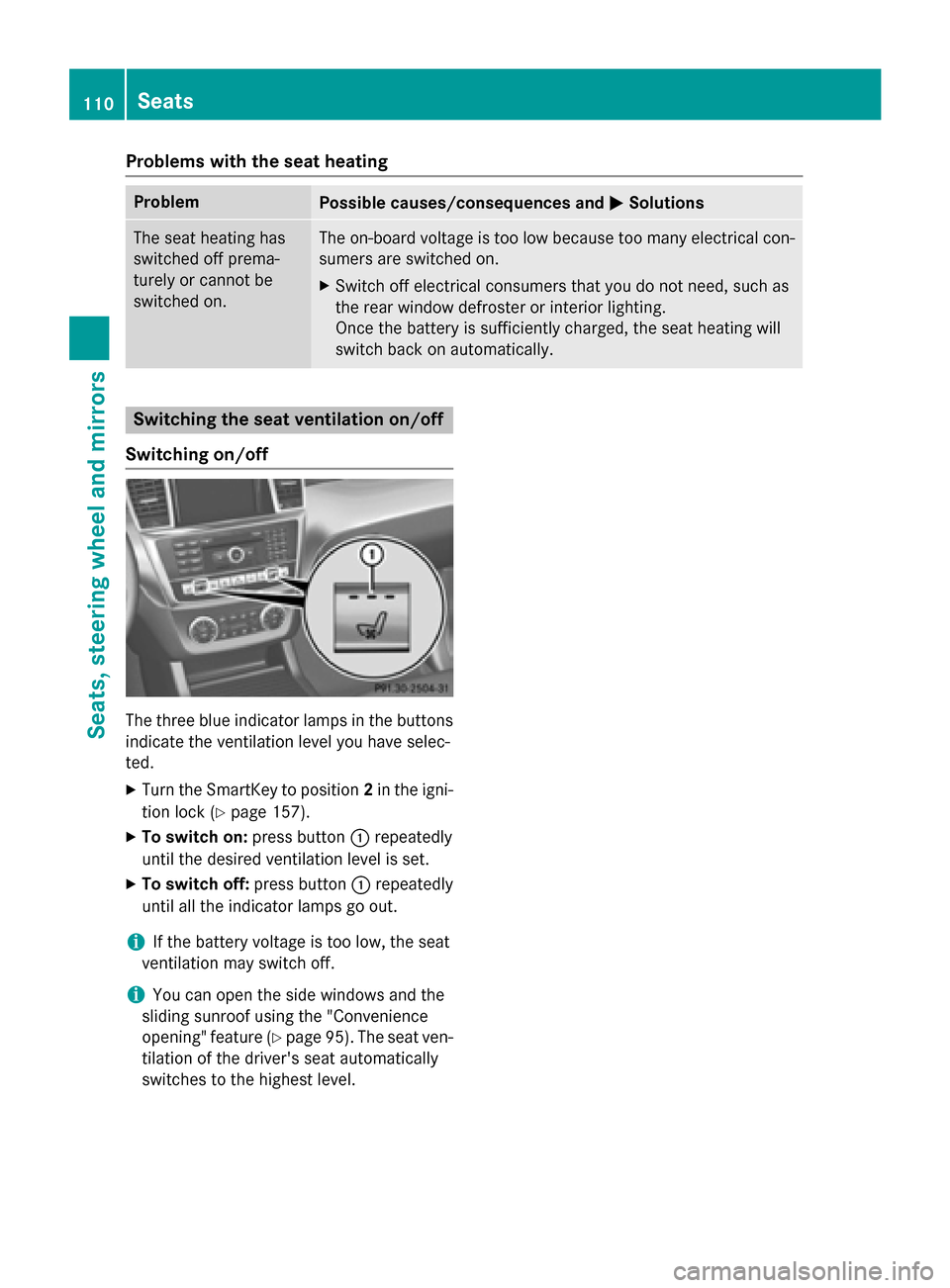 MERCEDES-BENZ M-Class 2015 W166 Owners Manual Problems with the seat heating
Problem
Possible causes/consequences and
0050
0050Solutions The seat heating has
switched off prema-
turely or cannot be
switched on. The on-board voltage is too low bec