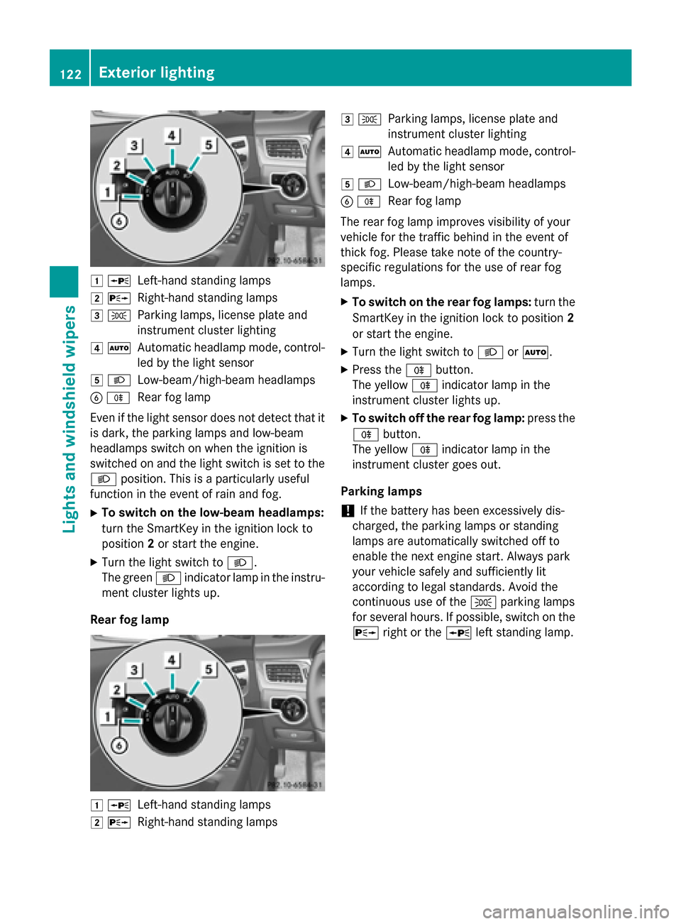 MERCEDES-BENZ M-Class 2015 W166 User Guide 0047
0063
Left-hand standing lamps
0048 0064
Right-hand standing lamps
0049 0060
Parking lamps, license plate and
instrument cluster lighting
004A 0058
Automatic headlamp mode, control-
led by the lig